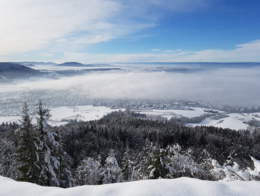 Was ich liebe … | Fotos "unter "Wer dich unterrichtet" im Menüpunkt WER WIE WAS von www.feldenkrais-stunden. de | Das Foto zeigt den Blick vom Dreifaltigkeitsberg auf Spaichingen und Schwarzwald im Winter.| Foto© Claudia Kühne